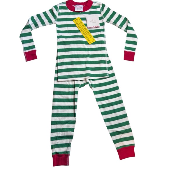 Hanna Andersson Green and White Striped Pajama Set with Red Trim - Picture 1 of 13